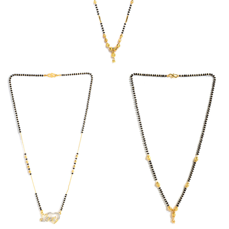 Set Of 3 Gold-Plated AD-Studded Black Beaded Mangalsutra