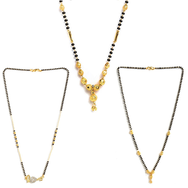 Set Of 3 Gold-Plated AD-Studded Black Beaded Mangalsutra