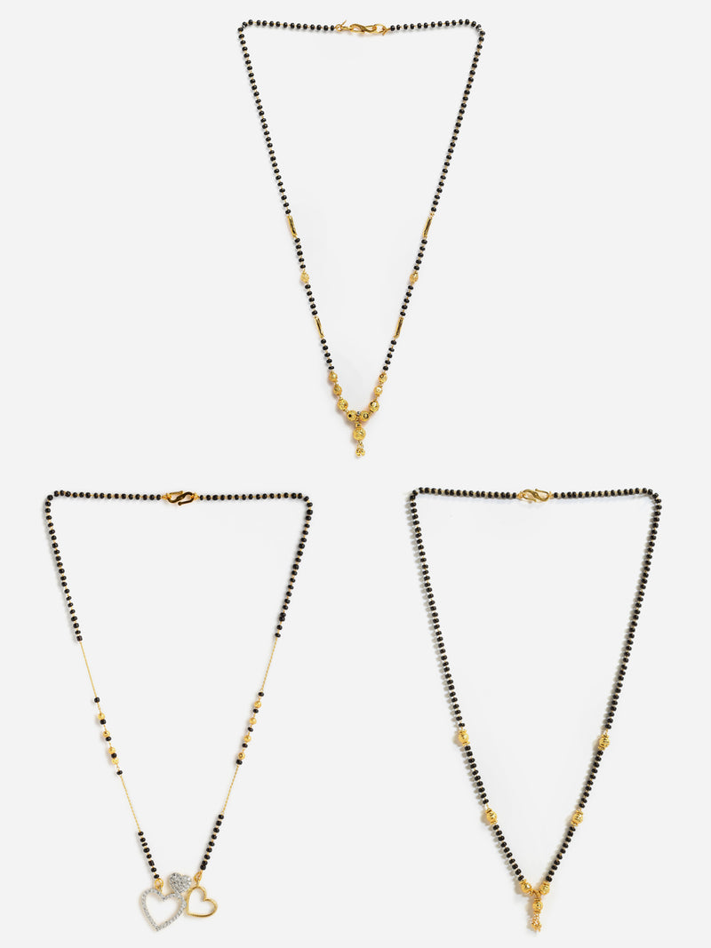 Set Of 3 Gold-Plated Black American Diamond-Studded & Beaded Mangalsutra