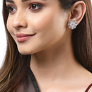 White American Diamond Studded Floral Shaped Rhodium-Plated with Silver-Tone Studs Earrings
