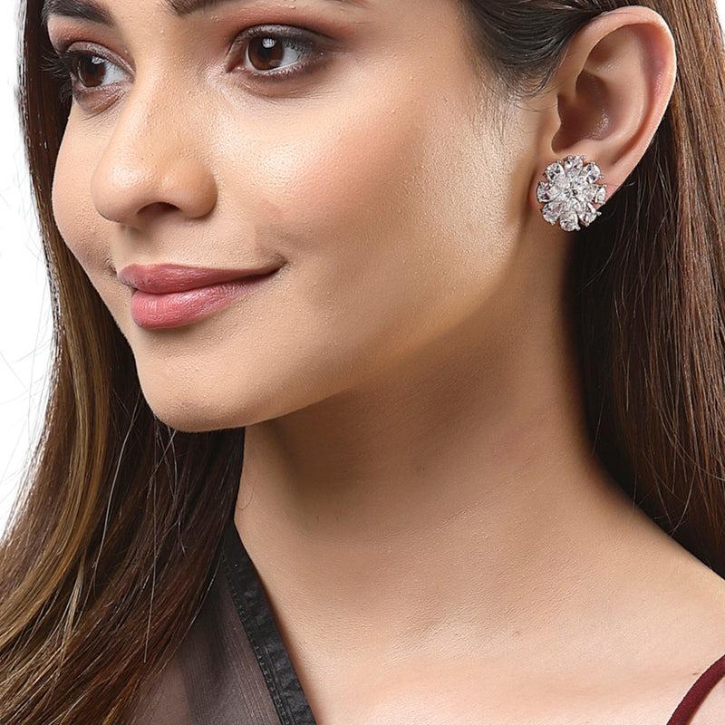 White American Diamond Studded Floral Shaped Rhodium-Plated with Silver-Tone Studs Earrings