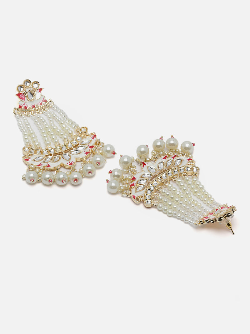 Gold-Plated White Pearls studded & White Enamelled Floral Shaped Drop Earrings