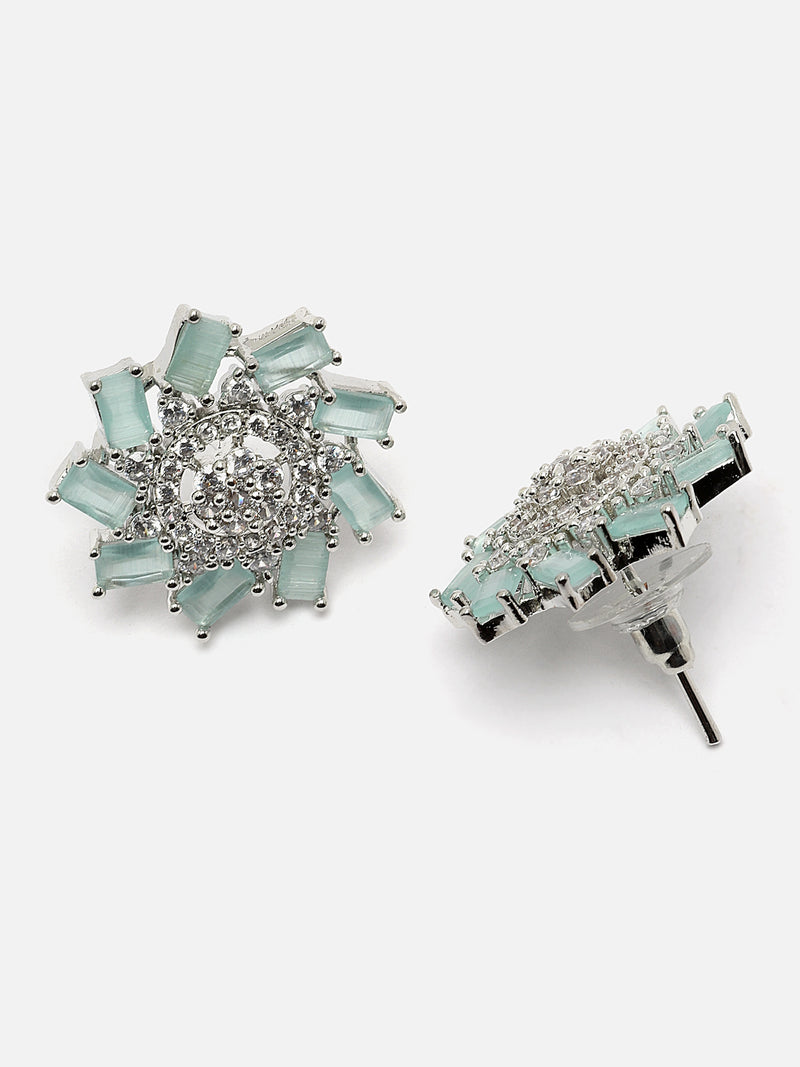 Rhodium-Plated Sea Green & White American Diamond studded Floral Shaped Handcrafted Stud Earrings