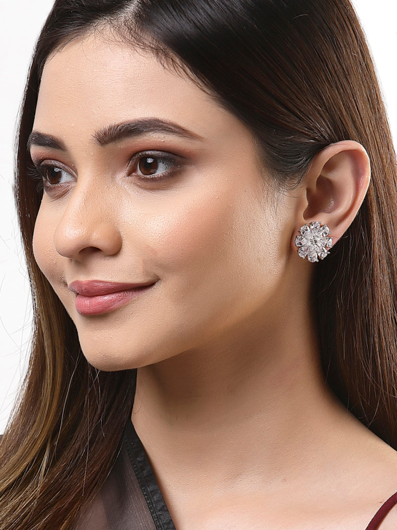White American Diamond Studded Floral Shaped Rhodium-Plated with Silver-Tone Studs Earrings