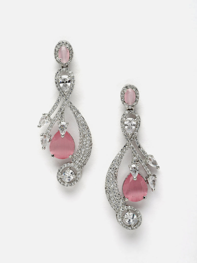 Rhodium-Plated Pink American Diamond studded Quirky Shaped Drop Earrings