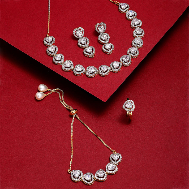 Heart Shaped Gold-Plated White American Diamond-Studded Jewellery Set Combo