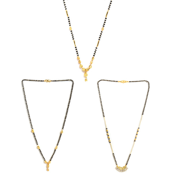 Set Of 3 Gold-Plated & Black American Diamond-Studded & Beaded Mangalsutra