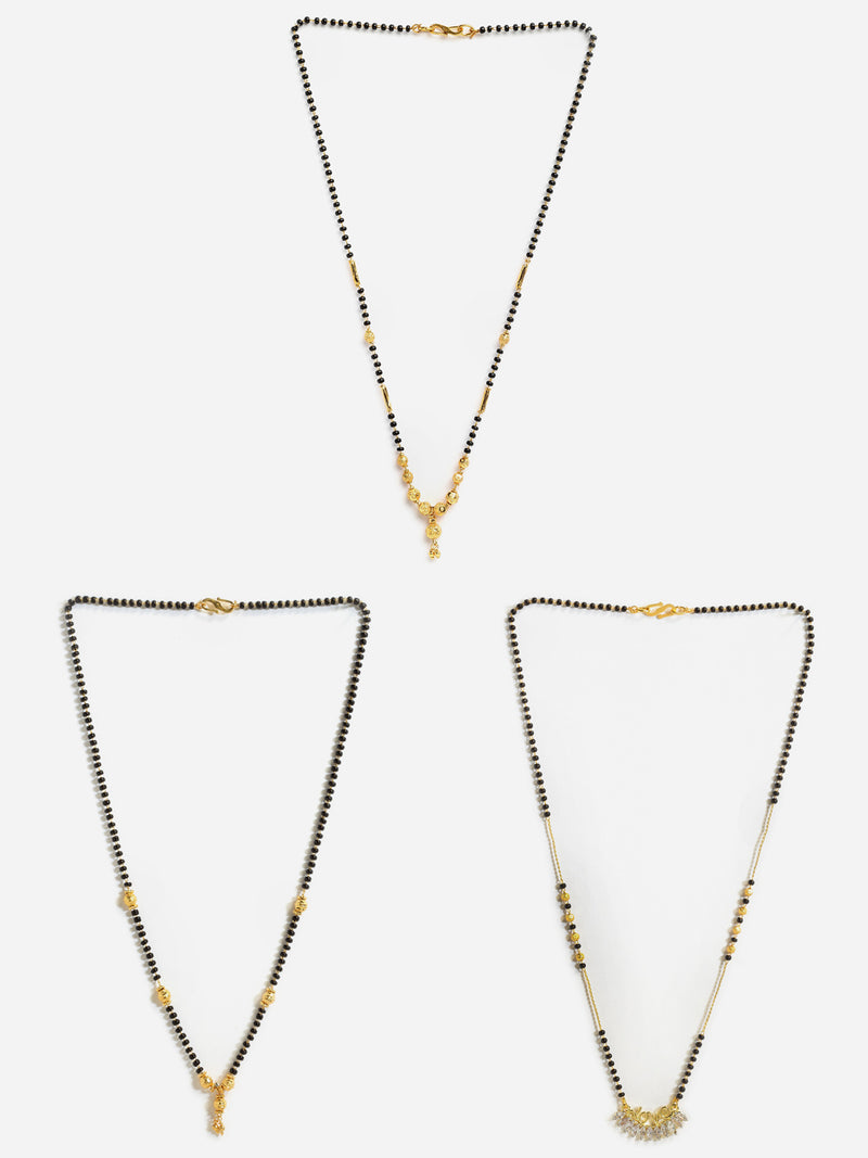 Set Of 3 Gold-Plated & Black American Diamond-Studded & Beaded Mangalsutra