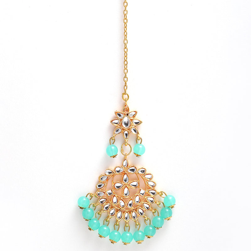 Gold-Plated Sea Green Pearl & Kundan Studded Maang Tikka With Earrings
