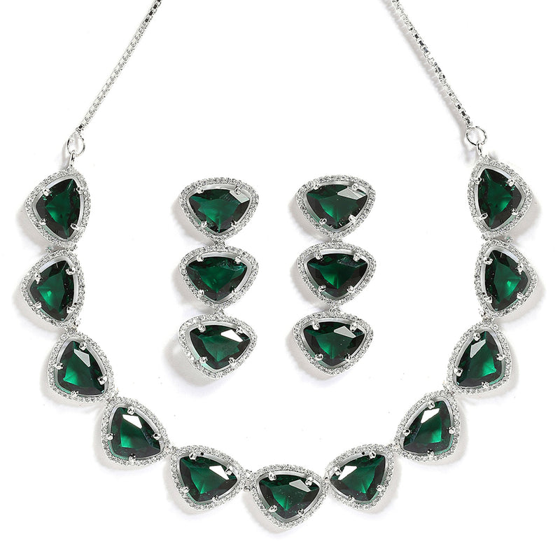Rhodium-Plated with Silver-Tone Handcrafted Green American Diamond Studded Triangular Jewellery Set
