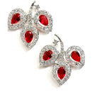 Rhodium-Plated with Silver-Toned Red American Diamond Leaf Shaped Studs Earrings