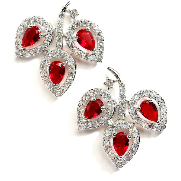 Rhodium-Plated with Silver-Toned Red American Diamond Leaf Shaped Studs Earrings