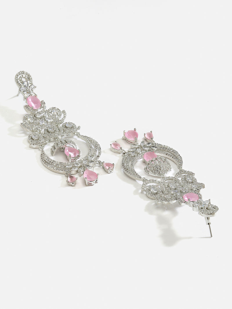 Pink & White Rhodium-Plated with Silver-Tone American Diamond Chandelier Earrings
