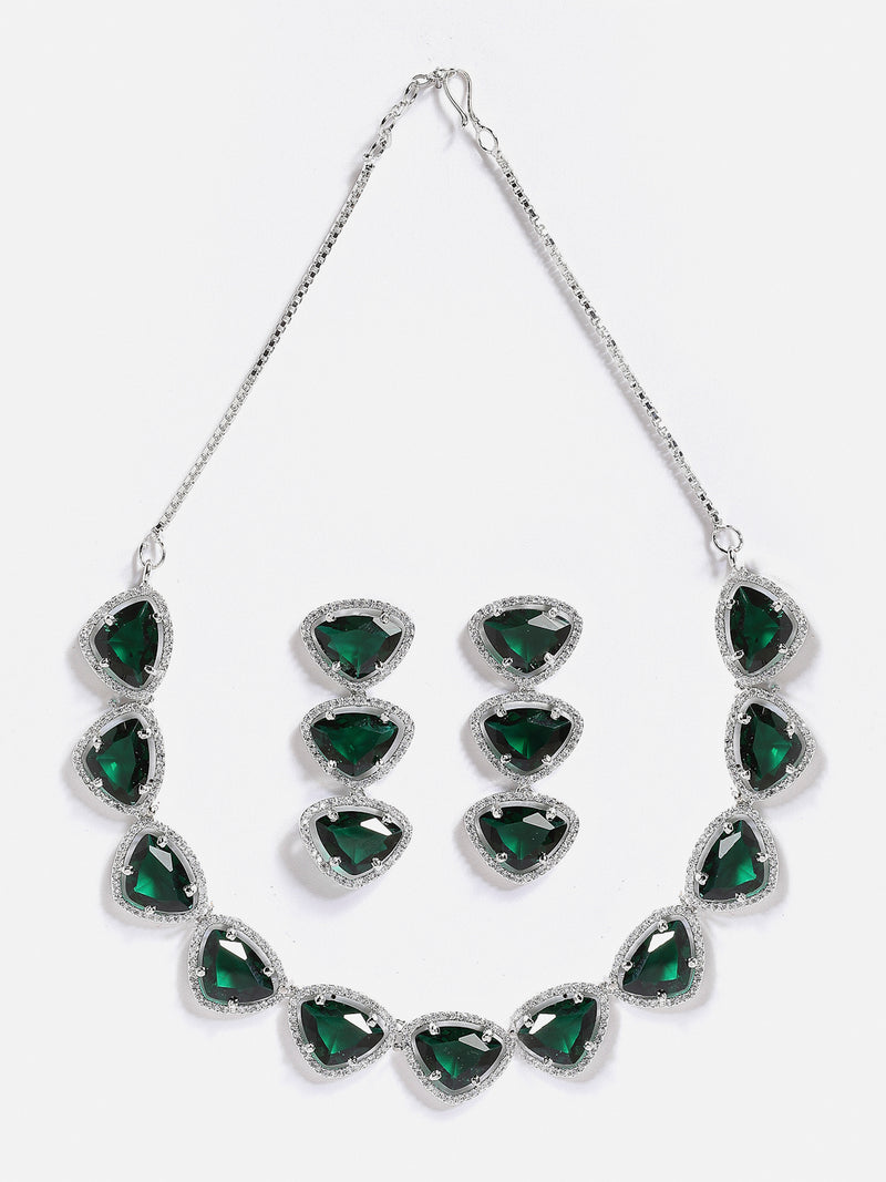 Rhodium-Plated with Silver-Tone Handcrafted Green American Diamond Studded Triangular Jewellery Set