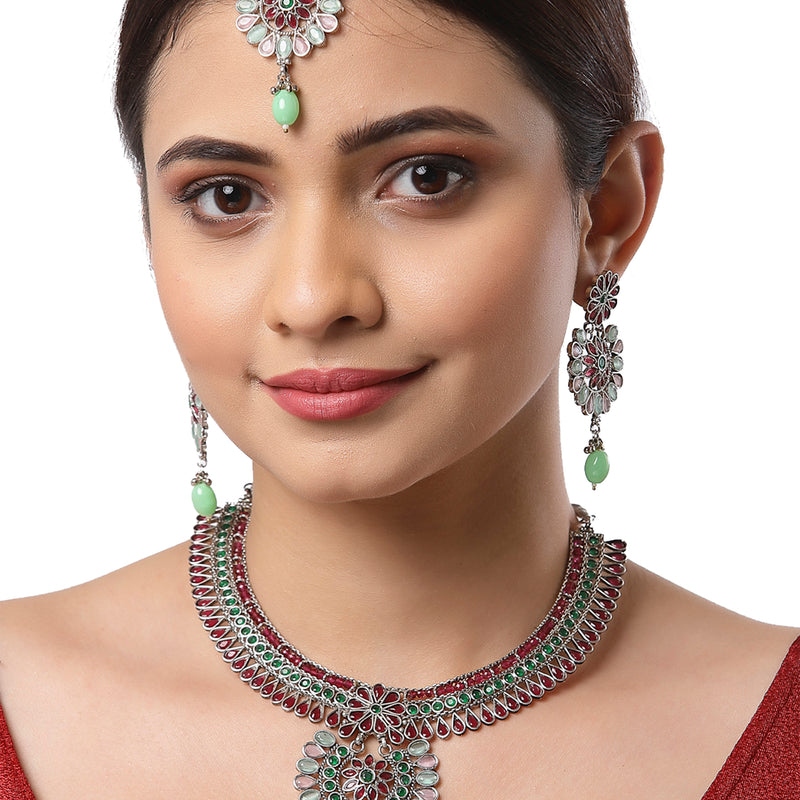 Rhodium-Plated with Silver-Tone American Diamond Stone-Studded Jewellery Set