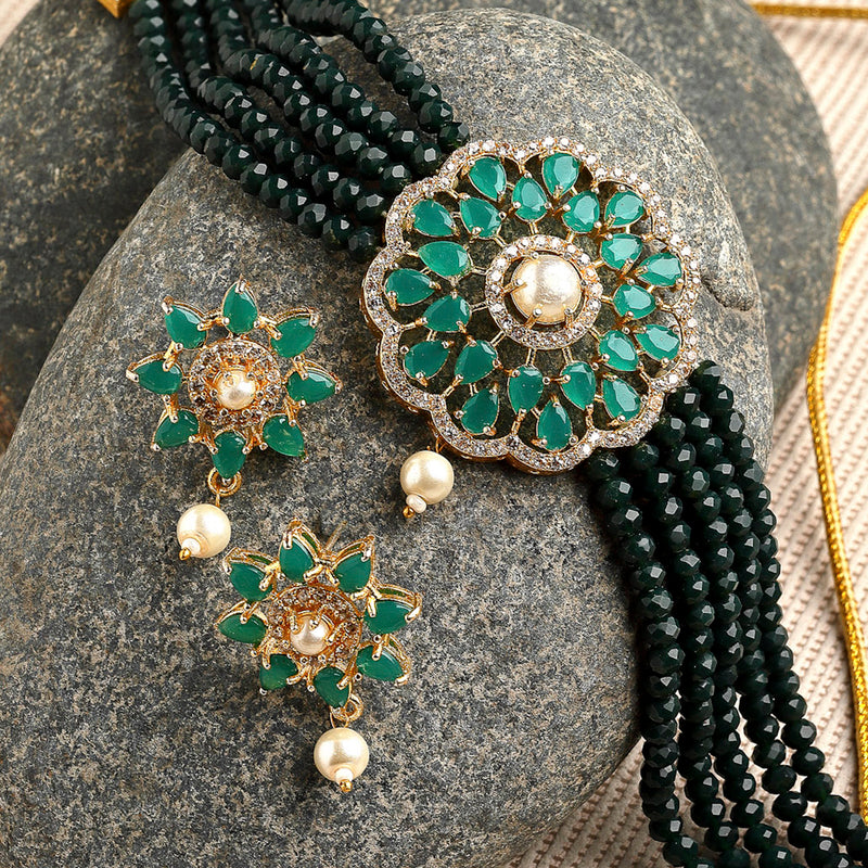 Antique Gold-Plated Green & White Beaded AD-Studded Jewellery Set