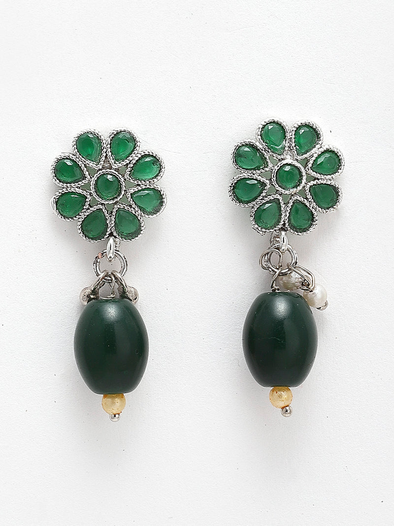Rhodium-Plated with Oxidised Silver-Tone Green American Diamond-Studded & Pearl Beaded Jewellery Set