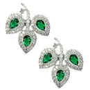 Rhodium-Plated with Silver-Toned Green American Diamond Leaf Shaped Studs Earrings