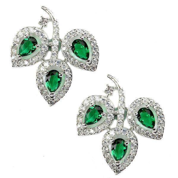 Rhodium-Plated with Silver-Toned Green American Diamond Leaf Shaped Studs Earrings