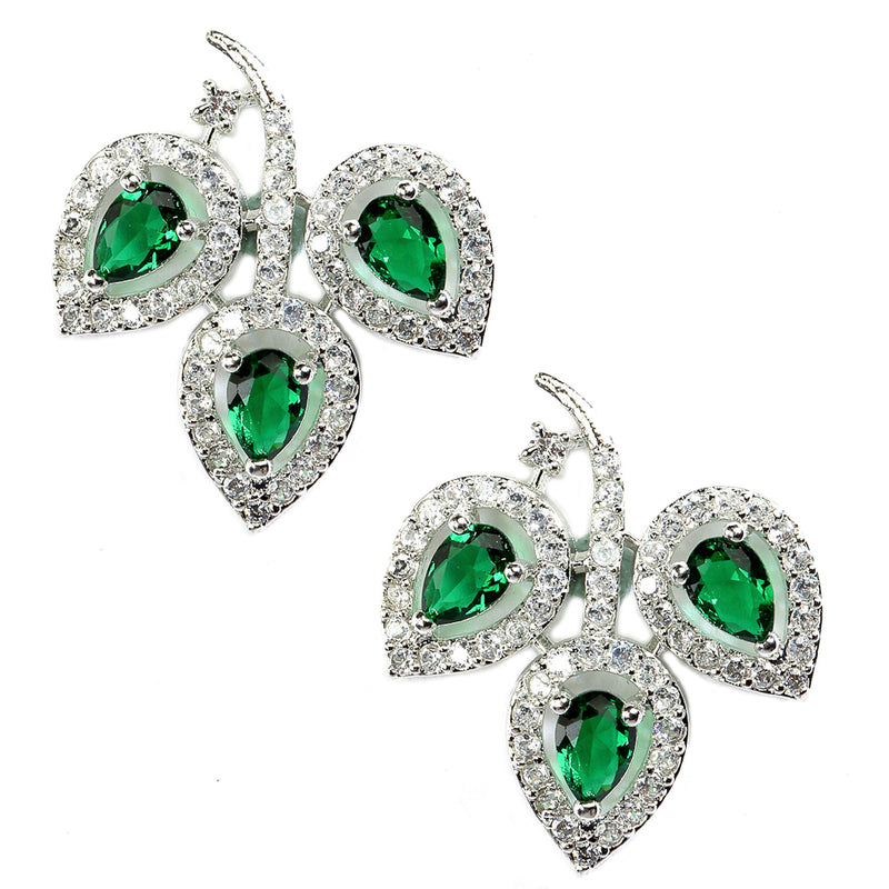 Rhodium-Plated with Silver-Toned Green American Diamond Leaf Shaped Studs Earrings