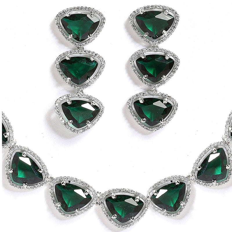 Rhodium-Plated with Silver-Tone Handcrafted Green American Diamond Studded Triangular Jewellery Set