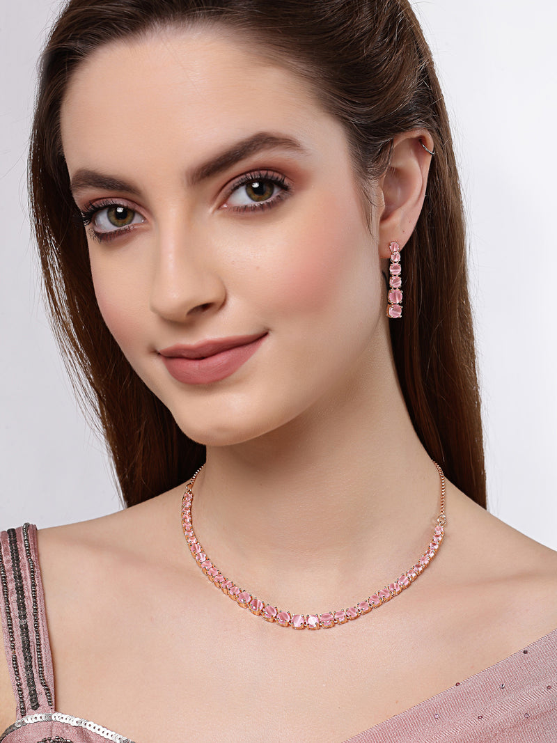 Pink Rose Gold-Plated Cubic-Zirconia Studded Handcrafted Jewellery Set