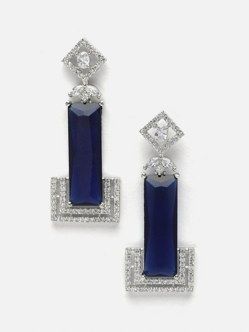 Rhodium-Plated Navy Blue American Diamond studded Rectangular Shaped Drop Earrings