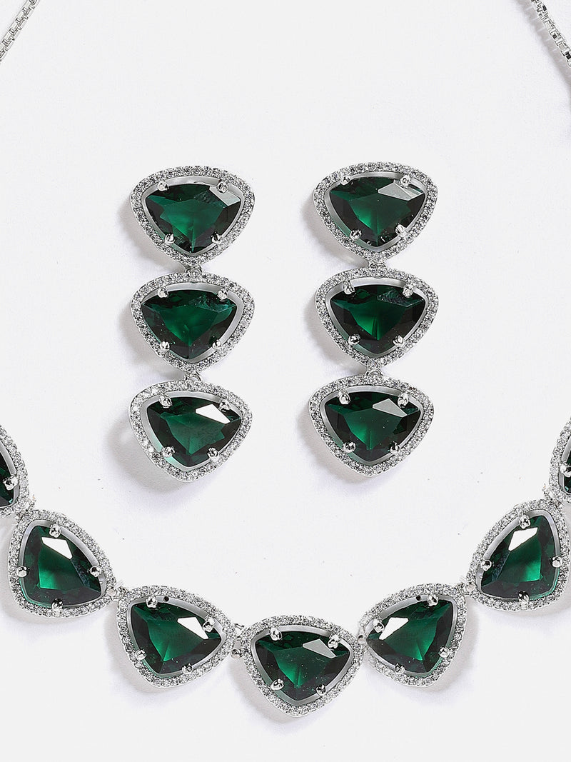 Rhodium-Plated with Silver-Tone Handcrafted Green American Diamond Studded Triangular Jewellery Set