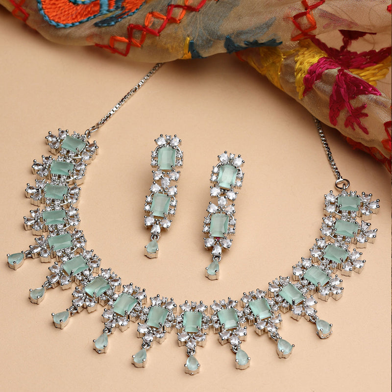 Rhodium-Plated Silver-Toned & Sea-Green American Diamond Stone-Studded Jewellery Set