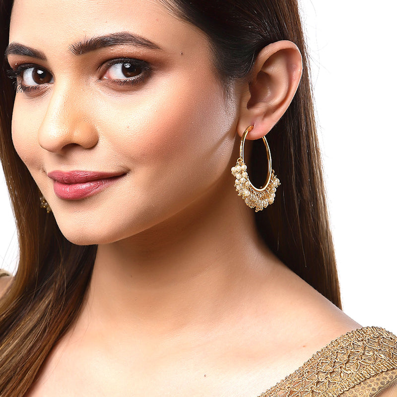 White & Gold-Toned Cubic Zirconia Contemporary Hoop Earrings