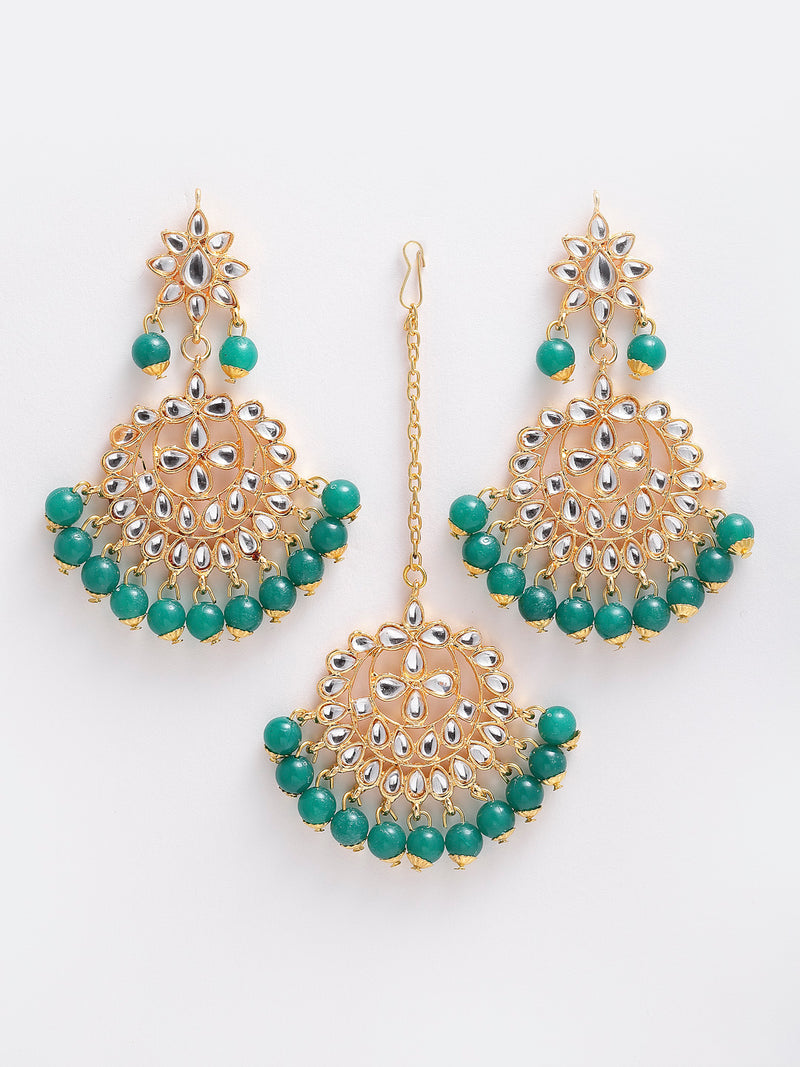 Gold Plated & Green Kundan Studded Earrings & Maangtikka Set