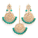 Gold-Plated Green Pearl & Kundan Studded Maang Tikka With Earrings