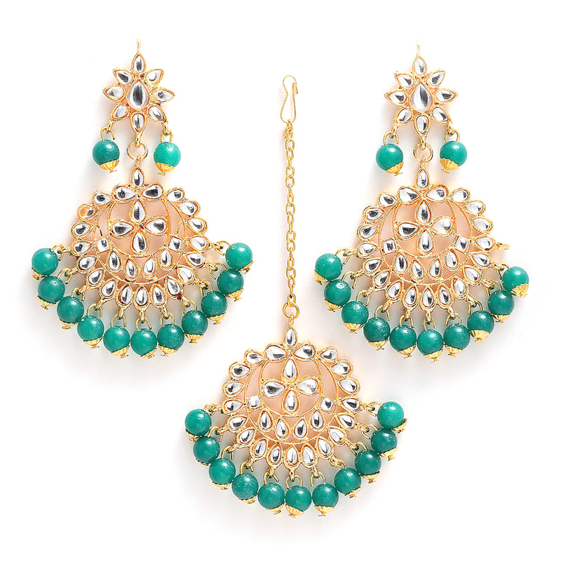Gold-Plated Green Pearl & Kundan Studded Maang Tikka With Earrings
