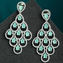 Sea Green American Diamond Rhodium-Plated with Silver-Tone Studded Leaf Shaped Drop Earrings
