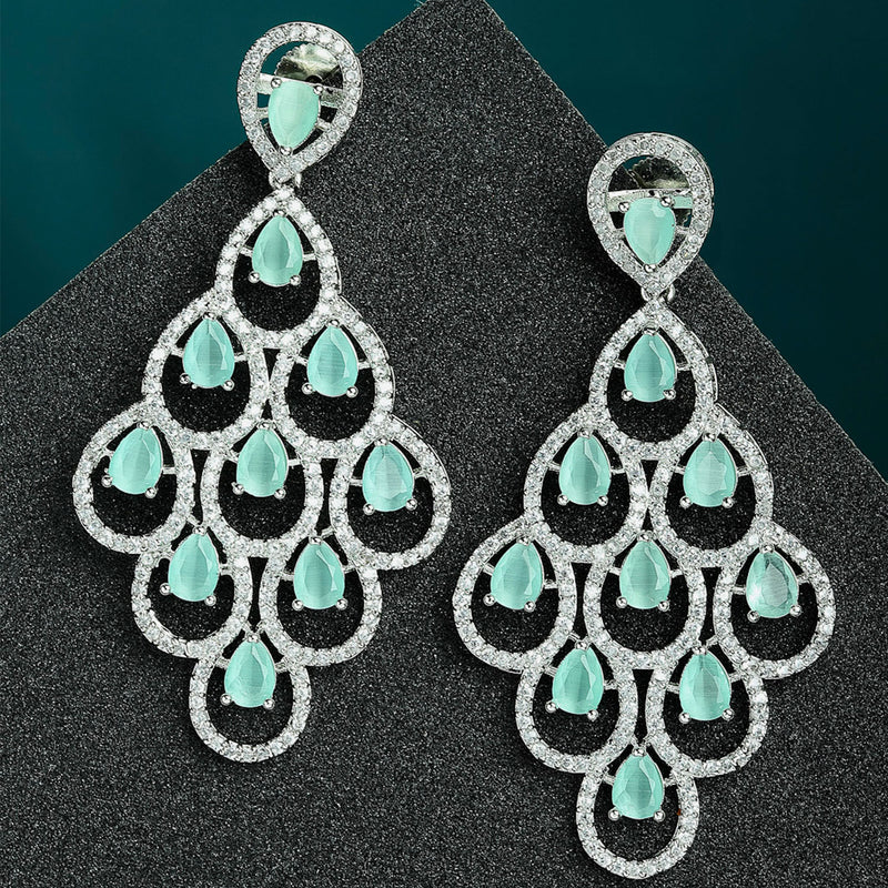 Sea Green American Diamond Rhodium-Plated with Silver-Tone Studded Leaf Shaped Drop Earrings