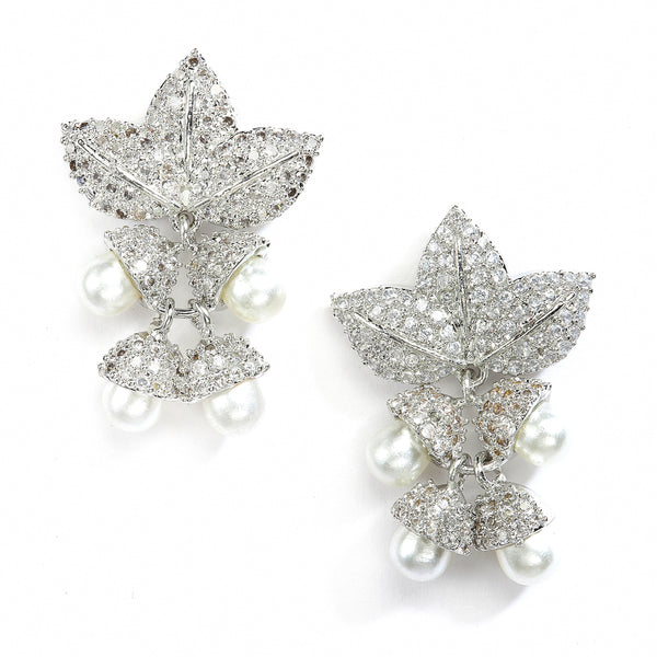 White Rhodium-Plated with Silver-Tone Leaf Shaped Drop Earrings