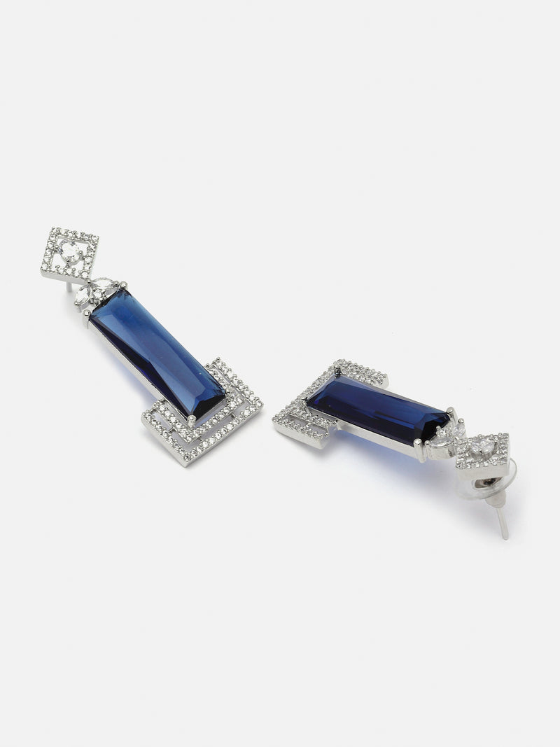 Rhodium-Plated Navy Blue American Diamond studded Rectangular Shaped Drop Earrings