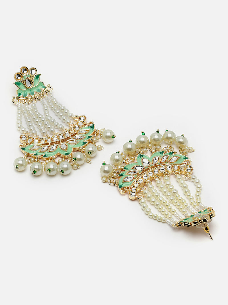 Gold-Plated White Pearls studded & Sea Green Enamelled Floral Shaped Drop Earrings