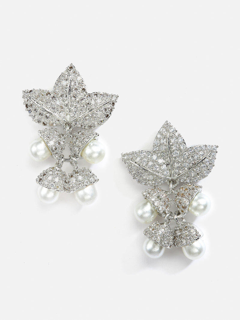 White Rhodium-Plated with Silver-Tone Leaf Shaped Drop Earrings