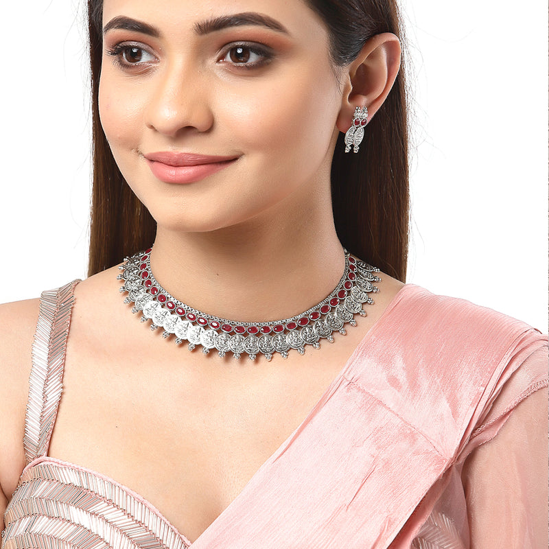Temple Coin Rhodium-Plated with Silver-Tone Red Kundan-Studded  Jewellery Set