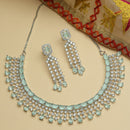 Rhodium-Plated with Silver-Tone Sea Green American Diamonds-Studded Handcrafted Jewellery Set