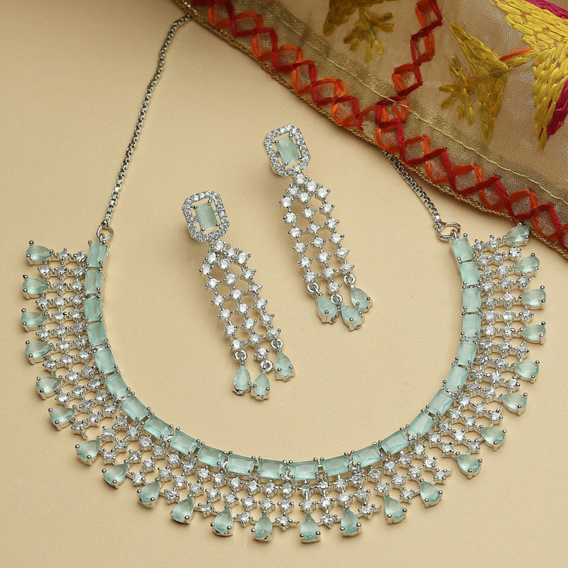 Rhodium-Plated with Silver-Tone Sea Green American Diamonds-Studded Handcrafted Jewellery Set