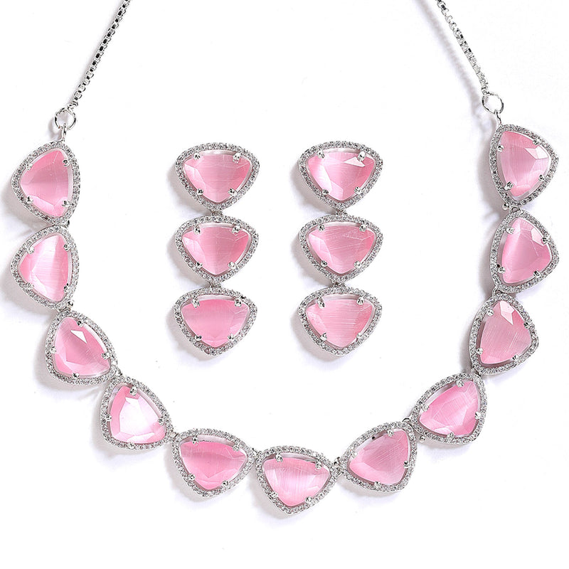 Rhodium-Plated with Silver-Tone Pink American Diamond Studded Jewellery Set