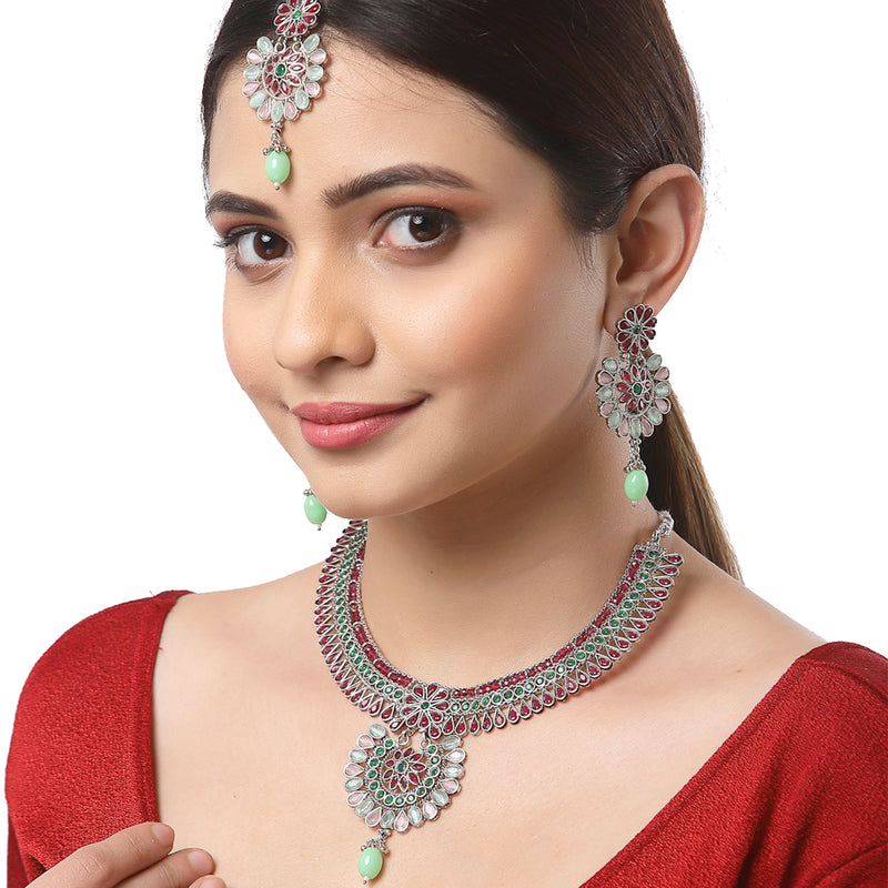 Rhodium-Plated with Silver-Tone American Diamond Stone-Studded Jewellery Set
