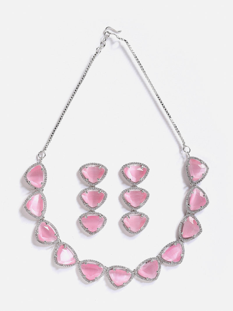 Rhodium-Plated with Silver-Tone Pink American Diamond Studded Jewellery Set