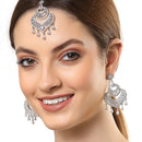 Rhodium-Plated Silver-Toned Heart Shaped White American Diamond-Studded Maang Tikka & Earrings Set