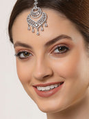 Rhodium Plated Silver Toned American Diamond  Maang Tikka with Elegant Dangling Stones