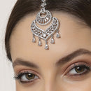 Rhodium Plated Silver Toned American Diamond  Maang Tikka with Elegant Dangling Stones