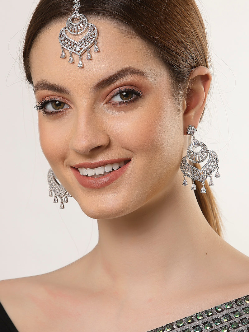 Heart Shaped Rhodium-Plated with Silver-Toned White American Diamond-Studded Maang Tikka & Earrings Jewellery Set