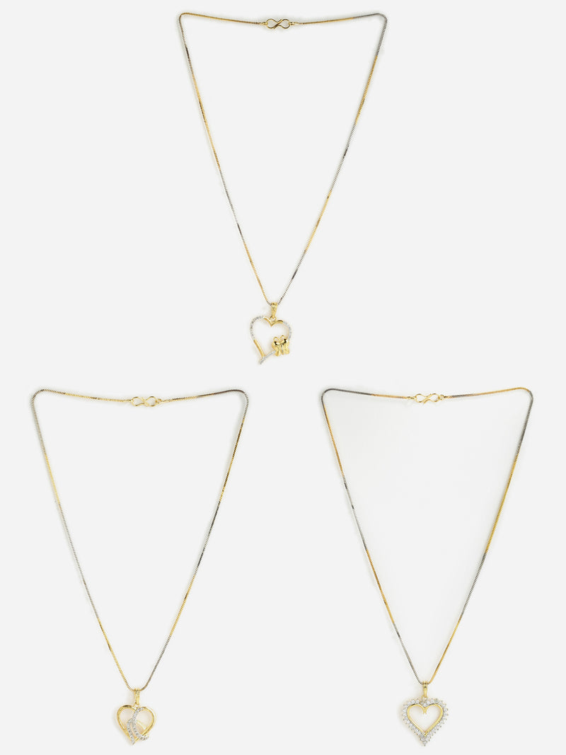 Pack Of 3 Gold-Plated CZ Studded Pendants & Chain